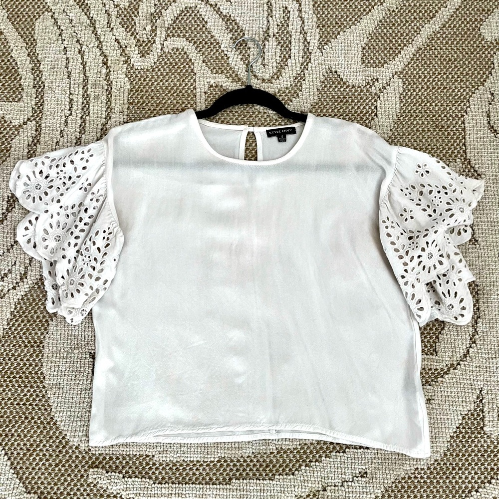 White Eyelet Sleeve Boho/Coastal Blouse